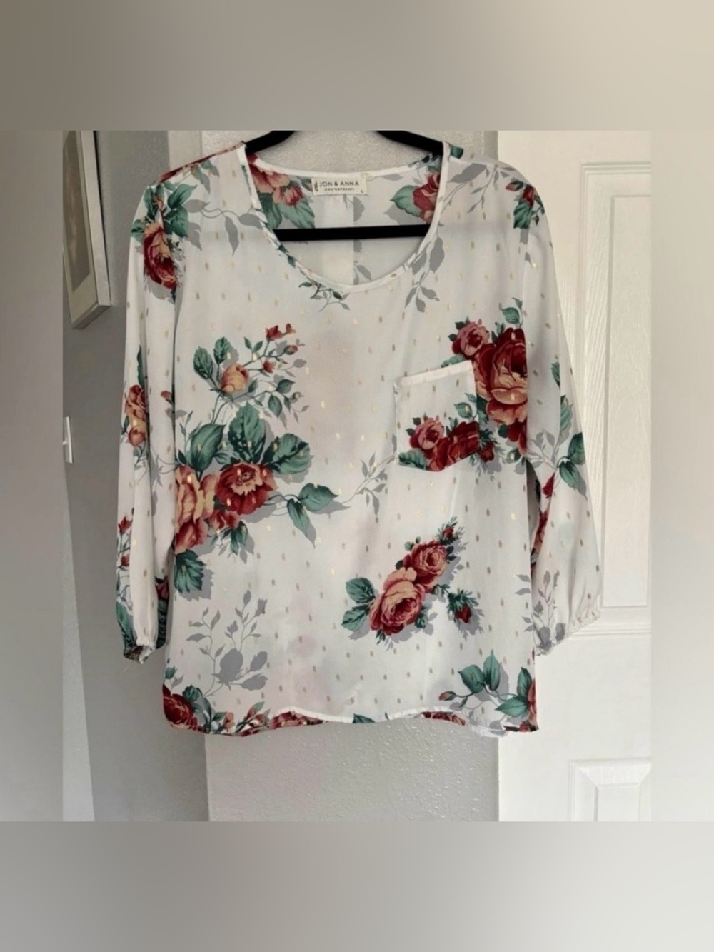 Jon & Anna White Blouse with Red Rose and Green Leaf Print Size L